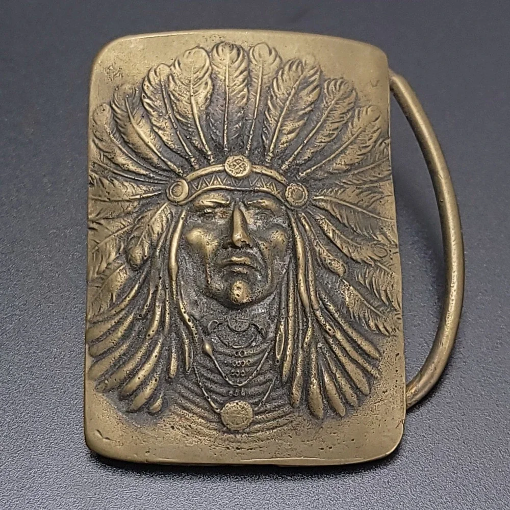 Vintage Solid Brass Native American Chief Belt Buckle Headdress Western Boho